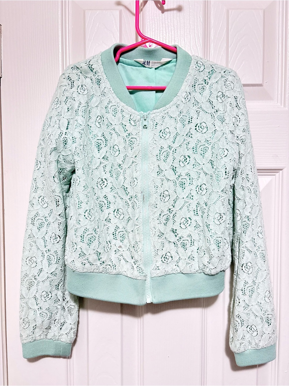 Pre-owned H&M Girls Mint Green Lace Bomber Jacket /Size: 7-8 years